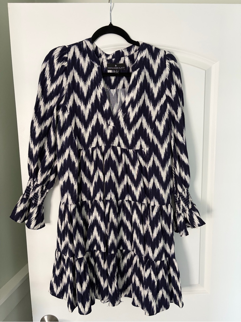 Pomander Place Navy & White Zigzag Tiered Long Sleeve Dress